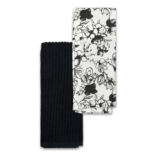 2-Piece Cotton Kitchen Towel Set - 16 x 26 Inch Dish Towels, Black Floral