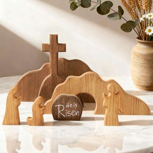 Wooden Easter Resurrection Scene Set, 7-Piece Empty Tomb Cross Tabletop Decor