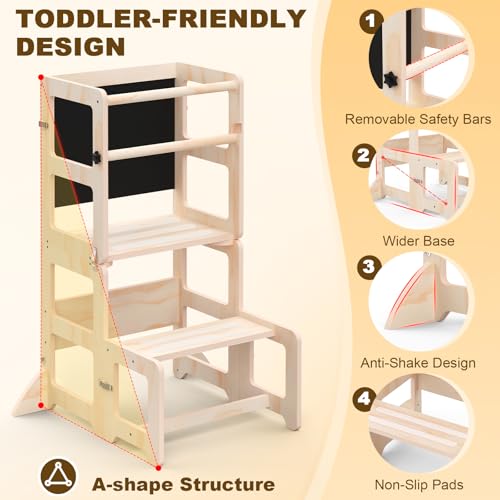 4-in-1 Foldable Toddler Learning Tower & Step Stool with Chalkboard