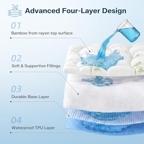 MASVIS Queen Cooling Bamboo Mattress Topper - Thick Waterproof Pad