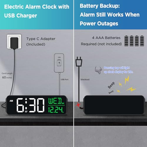 Large Display Digital Alarm Clock with Calendar Date & Day, Auto DST