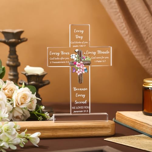 Acrylic Cross Desk Decor with Bible Verses, Religious Standing Table Gift