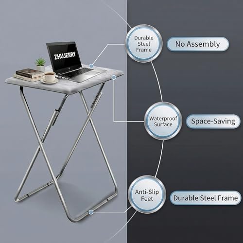 Folding TV Tray Table with Metal Frame - White Marble Snack Table