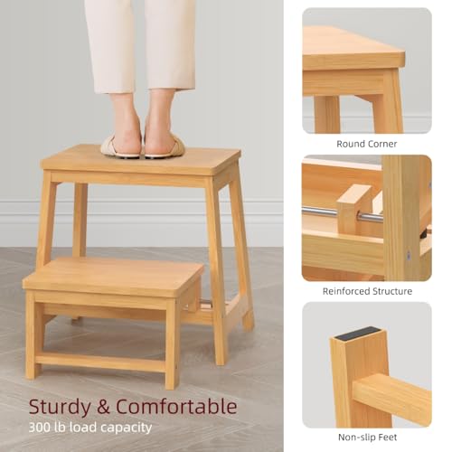 BEKVEM Large 17.3-inch Foldable Bamboo Step Stool with Wide Surface, Supports 350 lbs