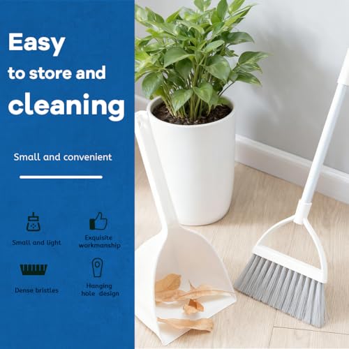 Small Broom and Dustpan Set - Compact Hand Sweeper for Tight Spaces (White)