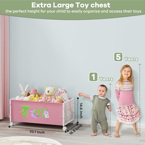 120L Extra Large Rolling Toy Box with Wheels and Handles, Pink