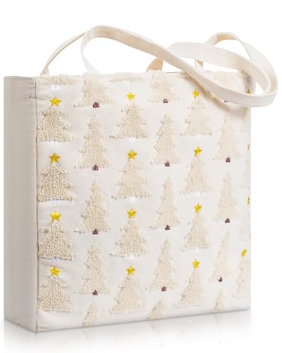 Abbylike Christmas Embroidery Tote Bag – White Canvas with Xmas Tree Design, Creamy White