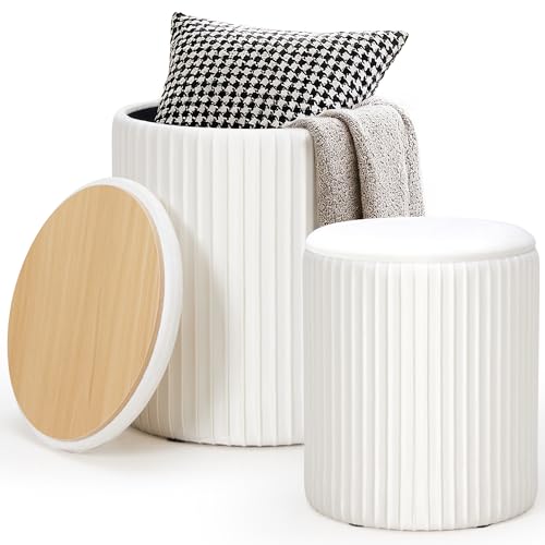 2-Piece Round Velvet Storage Ottoman Set with Reversible Table Lids