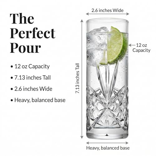 Godinger Dublin Crystal Tall Highball Drinking Glasses Set of 4 - All Purpose Beverage Glassware