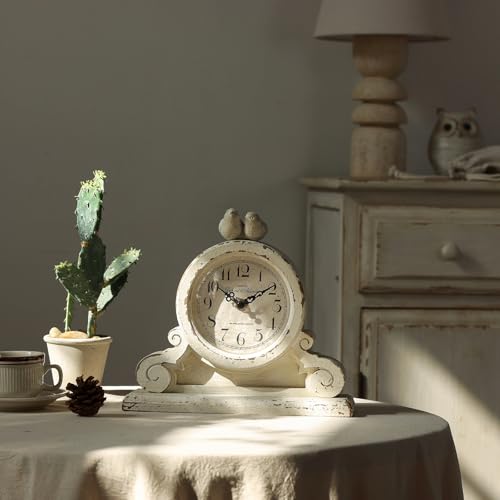 Vintage Bird Mantel Clock - Shabby Chic Distressed White Wooden Desk Clock