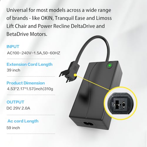 Recliner Power Supply Replacement 29V 2A AC/DC 2-Pin Adapter Transformer