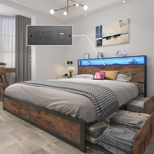 Queen Platform Bed Frame with 4 Storage Drawers, LED & Charging Station