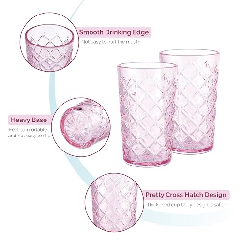 Pink Vintage Cross Hatch Highball Glass Set of 4, 15.5oz Drinking Water & Cocktail Glasses