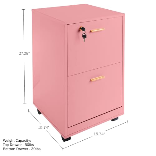 2-Drawer Rolling File Cabinet with Lock, Pink Wooden Under Desk Organizer