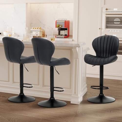 Adjustable Swivel Bar Stools, Set of 3, Upholstered Faux Leather Bar Chairs
