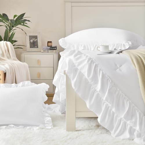 White Ruffle Queen Comforter Set - 3-Piece Shabby Chic Farmhouse Bedding