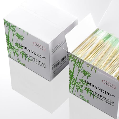 Amrankuo 2000CT Bamboo Toothpicks - Individually Wrapped, 2.5 Inch, Sanitary Cocktail & Appetizer Picks
