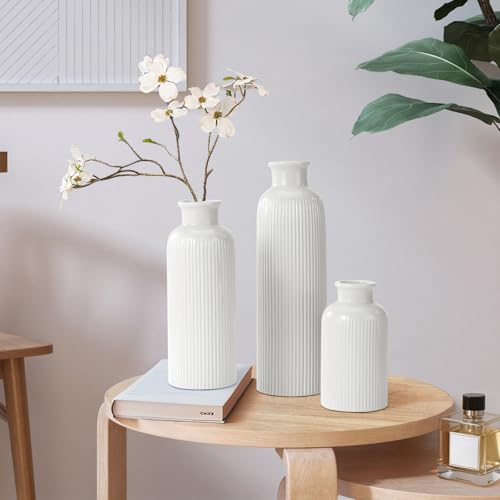 Small White Ceramic Vase Set of 3 - Modern Boho Farmhouse Home Decor