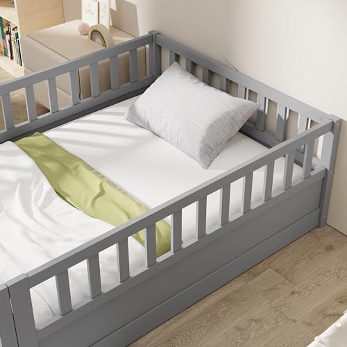 Montessori Twin Floor Bed Frame with Safety Guardrails and Door, Solid Pine