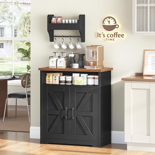 Farmhouse Coffee Bar Cabinet with Floating Shelf and Storage