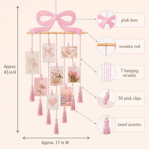 Pink Bow Wall Photo Display, Macrame Picture Holder with 30 Clips