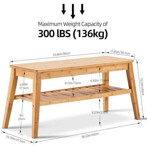 Bamboo Entryway Bench with 2-Tier Shoe Storage Shelf, 33-Inch Wood Bench