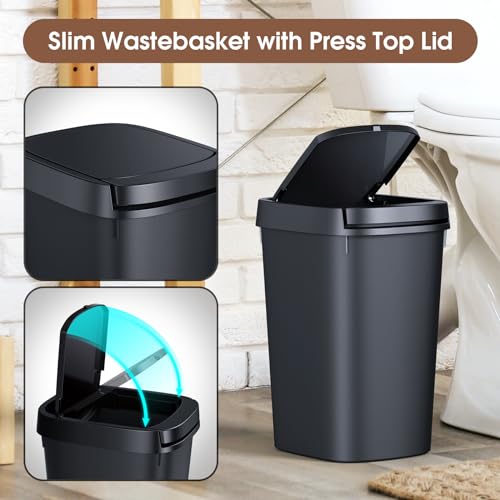 3-Pack Slim Plastic Bathroom Trash Can with Press Top Lid, 10L / 2.6 Gal