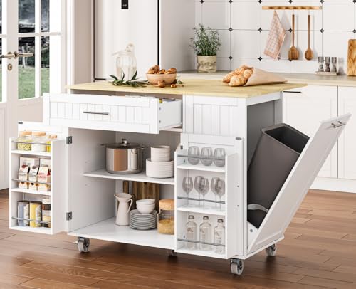 Rolling Kitchen Island with Drop Leaf, Trash Can Storage and Rubberwood Top