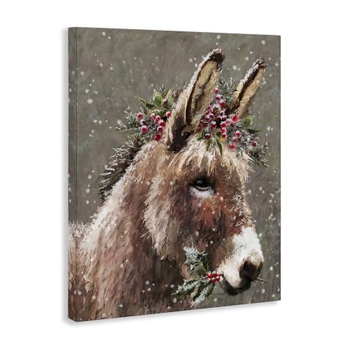 48x36 Inch Winter Donkey Snow Falling Canvas Wall Art - Farmhouse Holiday Decor