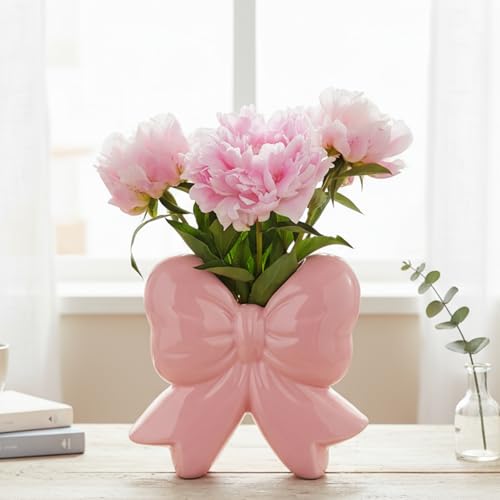 Pink Ceramic Bow Vase & Makeup Brush Holder - Small Vanity Desk Organizer