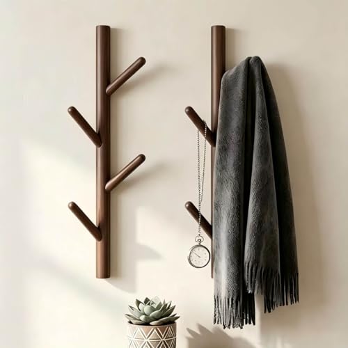 Wooden Wall Mount Coat Rack - 4-Hook Tree Branch Design (2 Pack)