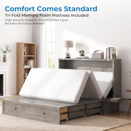 Queen Murphy Bed Cabinet with Tri-Fold Mattress, Drawers & Charging Station