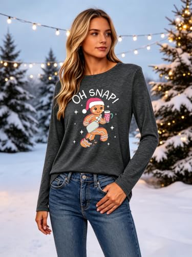 YAQPWFH Oh Snap Gingerbread Shirt for Women Grey Large – Funny Xmas Long Sleeve