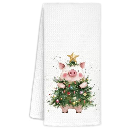 Christmas Pig Kitchen Towels with Christmas Tree Decor, Farm Animal Gift for Pig Lovers, 16x24 Inches