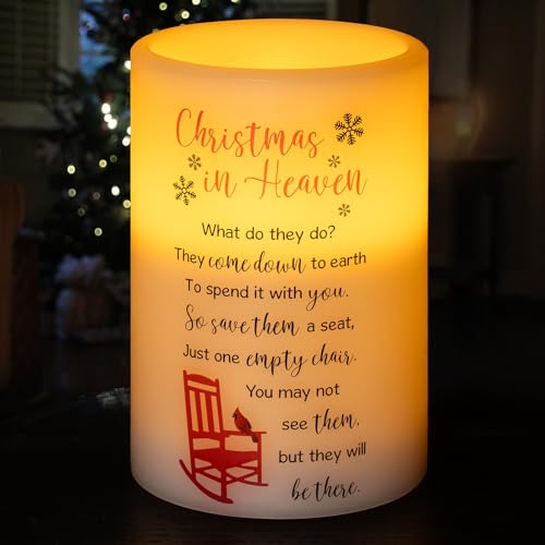 Christmas in Heaven Flameless Memorial Candle with Timer - Sympathy Gift for Loss of Loved One