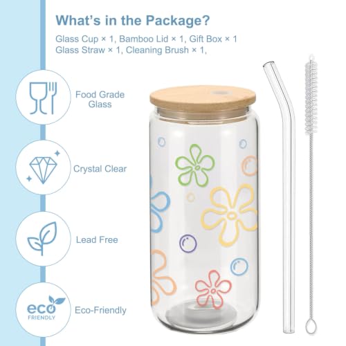 Mikopei 16oz Glass Cups with Lids & Reusable Straws, Beach Gift for Women & Men