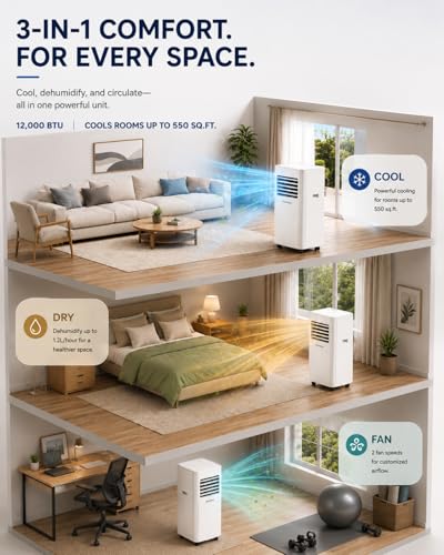 12000 BTU Portable Air Conditioner 3-in-1 AC Unit for 550 Sq Ft