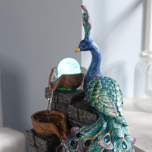 Peacock Tabletop Water Fountain with LED Color Changing Globe 14-inch