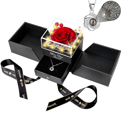 Enerleaf Red Preserved Rose with I Love You Necklace – Eternal Rose Gift for Mom, Wife, Girlfriend