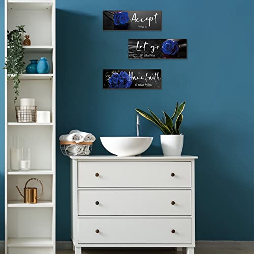 3-Piece Inspirational Floral Wooden Wall Art Set - Blue Rose Decor 12x4 Inch