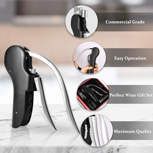 QONYFONE Black Vertical Lever Wine Corkscrew Set - 5-Piece with Foil Cutter & Stopper