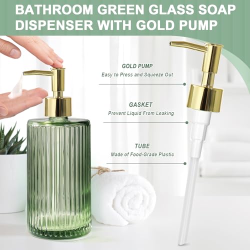 4-Piece Green Glass Bathroom Accessory Set, Vintage Ribbed Soap Dispenser