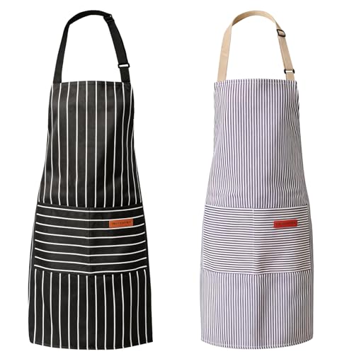 Adjustable Bib Aprons with 2 Large Pockets - 2 Pack, Cotton-Polyester Blend