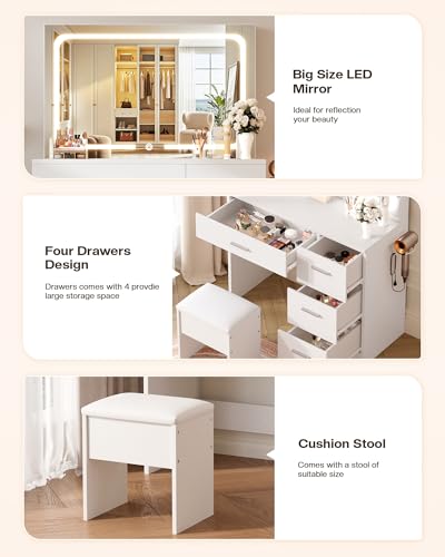 35.4" White Vanity Desk Set with LED Mirror, Charging Station & Stool