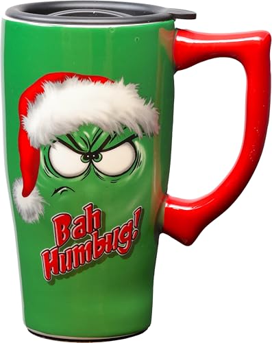 Spoontiques Bah Humbug Ceramic Travel Mug - Hot Cold Beverages Gift for Coffee Lovers