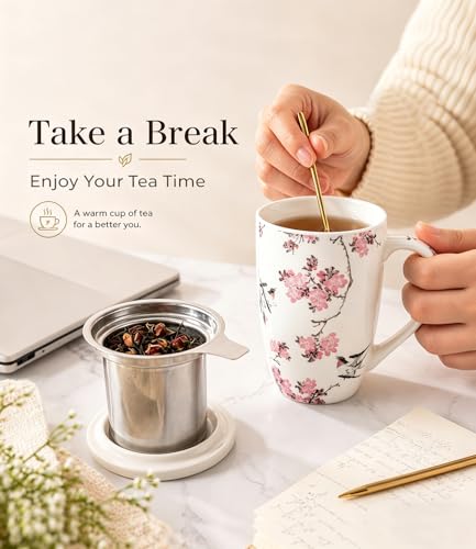 AmorArc Peach Blossom 18oz Ceramic Tea Mug with Infuser & Lid, Loose Leaf Steeper