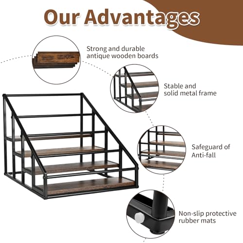 4-Tier Coffee Syrup Organizer Rack - 16 Bottle Rustic Wood Countertop Holder