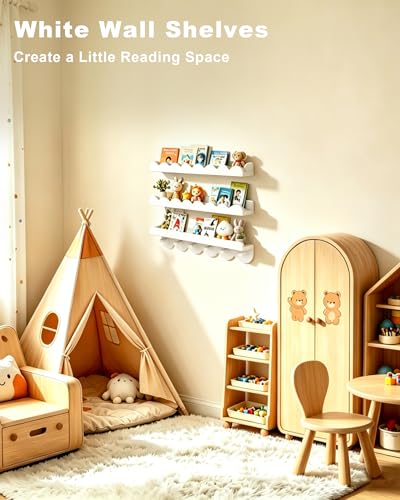 White Wood Wall Book Shelves with Hooks - Set of 3, 16 Inch, Nursery & Kids Room Decor
