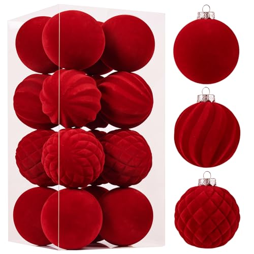 Wironlst 16ct Velvet Christmas Ornaments Set - 3.15" Flocked Matte Red Shatterproof Balls