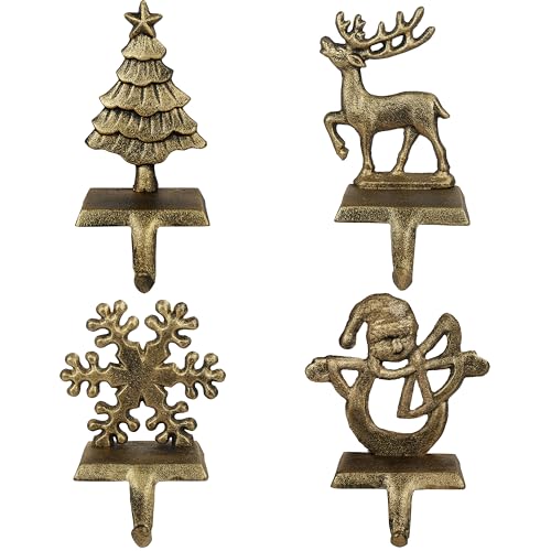 OCTERIC 4Pcs Stocking Hangers Set – Reindeer, Snowman, Snowflake & Tree Mantel Hooks, Anti-Slip Cast Iron